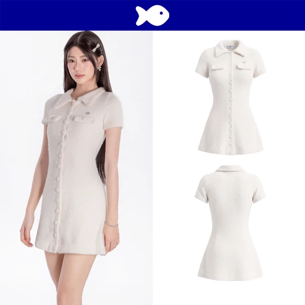 Đầm ngắn nữ cổ polo form chữ A DKMV sẵn quần bảo hộ chất len lông thỏ cài cúc dọc thân màu trắng Cleo Dress | K-D62-T