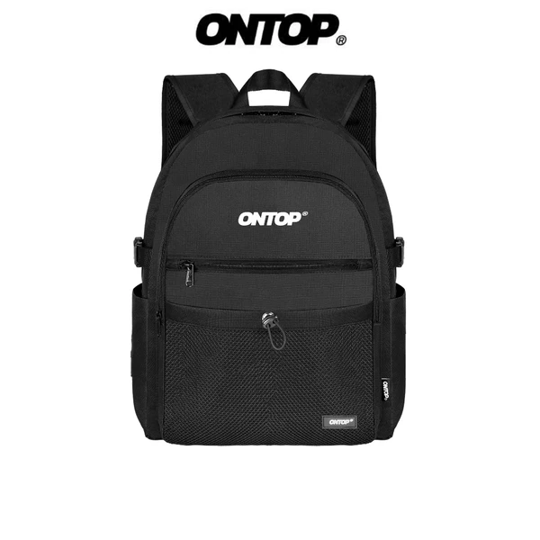Balo canvas nam nữ màu đen ONTOP phối lưới, nhiều ngăn, đựng laptop 15.6inch Gridline Backpack | O-P51