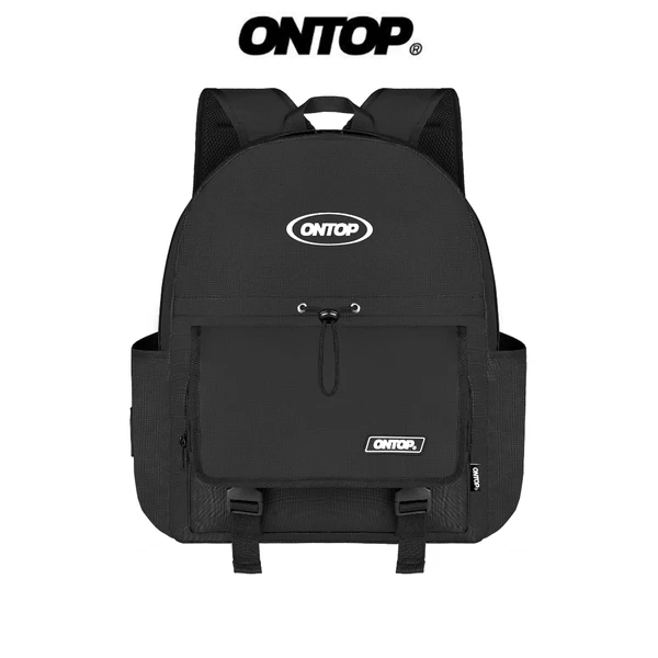 Balo đi học local brand ONTOP màu đen trơn nhiều ngăn dây rút đựng laptop Drawstring Backpack | O-P31