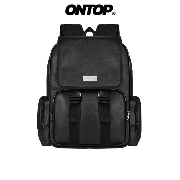 Balo da đen trơn nam nữ ONTOP chống nước nhiều ngăn đựng laptop local brand Big Buckle Backpack | O-P33