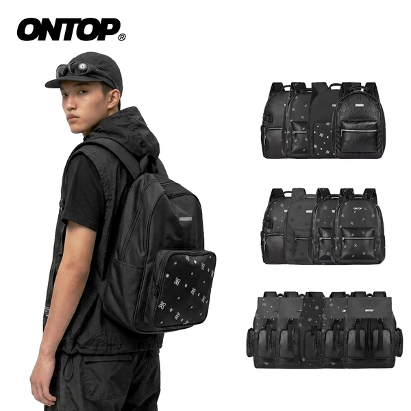 Balo đen chống nước local brand ONTOP họa tiết monogram nhiều ngăn, đựng vừa laptop Level Backpack