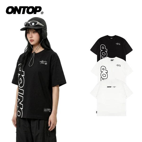 Áo thun cổ tròn nam nữ in chữ basic ONTOP vải cotton thoáng mát màu đen, trắng local brand Elongation Tee | O-T9