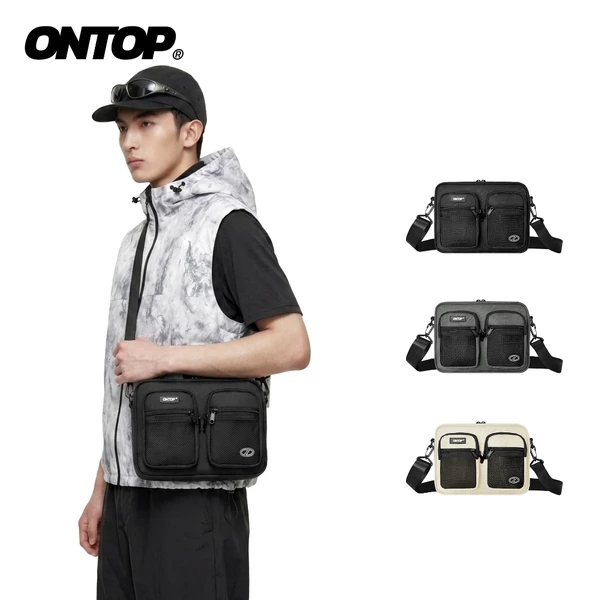 Túi đeo chéo nhiều ngăn phối lưới ONTOP vải canvas màu đen, xám, kem đựng vừa khổ A5 Mesh Double Pocket | O-B60