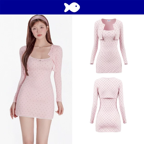 Set đầm thun 2 dây kiểu nữ DKMV chấm bi co giãn viền ren có kèm khoác ôm tôn dáng màu hồng Montana Dress | K-D77-H