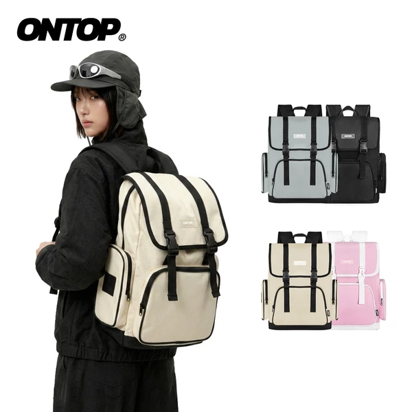 Balo canvas nắp gập local brand ONTOP đựng vừa laptop 15.6inch màu đen, xám, kem, hồng Mili Backpack | O-P34
