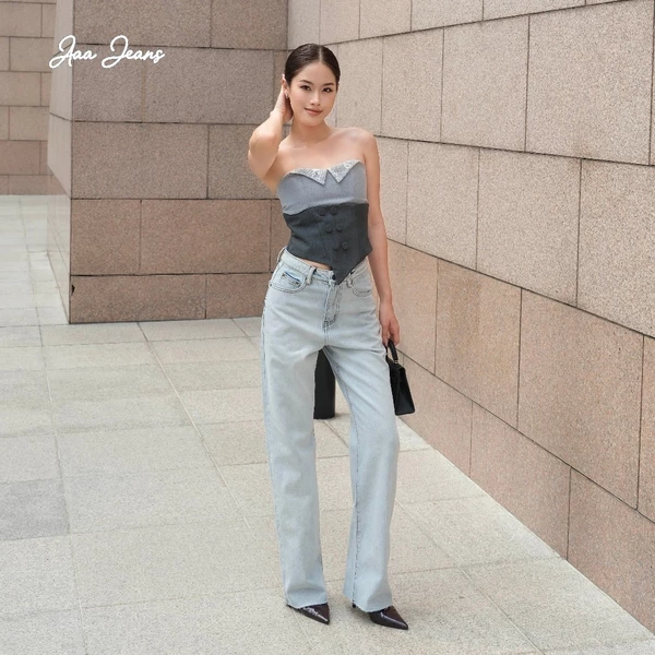 Aaa Jeans - Quần Jean Ống Rộng Nữ Lưng Cao Ice Blue