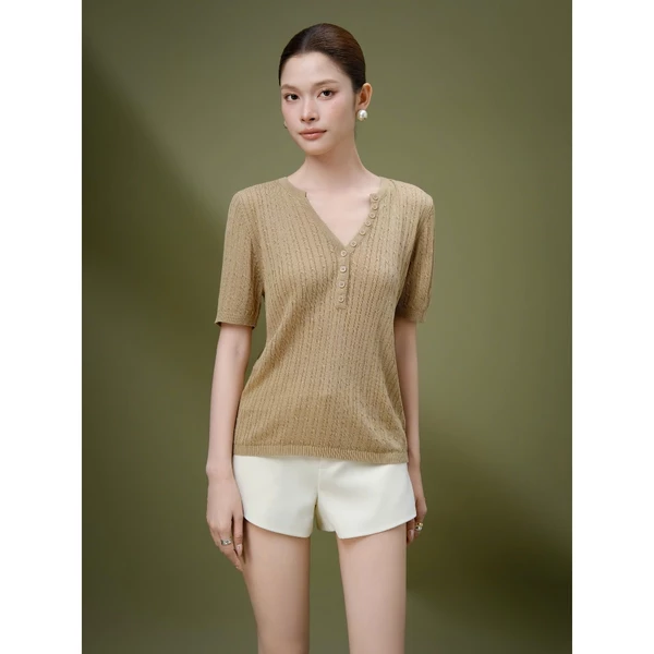 RUBIES Seul Top - Áo Dệt Kim Nữ Vải Linen Tay Ngắn Cổ Tim V