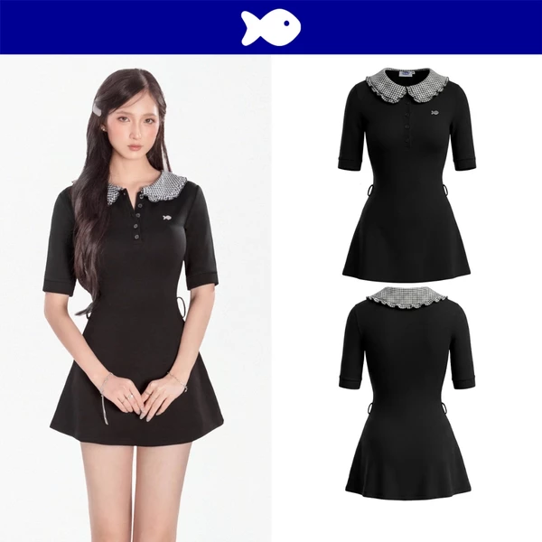 Đầm nữ dáng ngắn cổ bèo nhún caro DKMV phối logo cá inox đáng yêu tay lửng xòe nhẹ màu đen Catalina Dress | K-D70-D