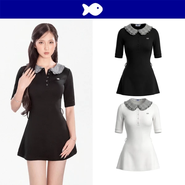 Đầm ngắn cổ bèo peter pan caro DKMV tay lửng dáng xòe nhẹ đính logo cá inox điệu đà co giãn Catalina Dress | K-D70