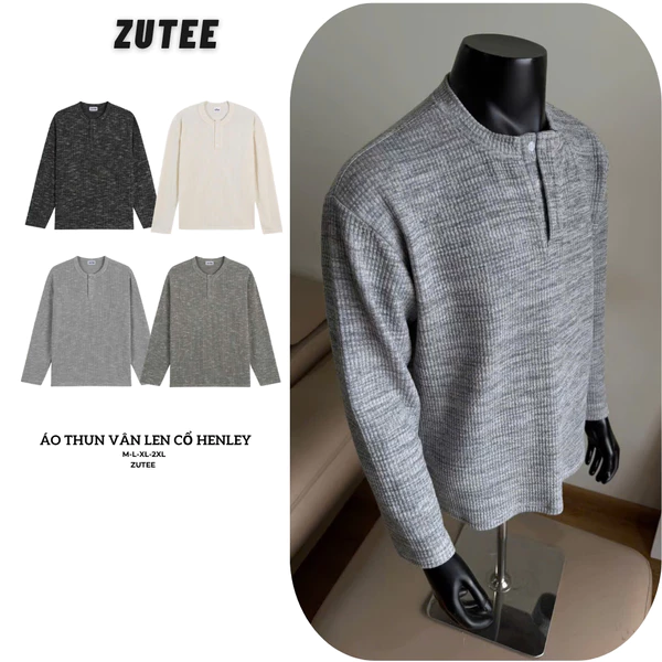 Áo Thun Nam Cổ Trụ Vải Vân Len Henley Shirt ZUTEE Trẻ Trung Năng Động