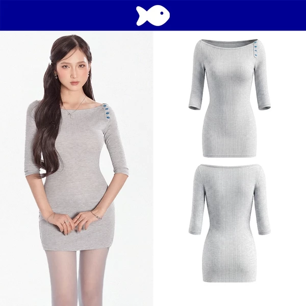 Đầm ôm kiểu nữ cổ thuyền tay lửng ngắn DKMV thiết kế hàng nút hình cá bên vai co giãn màu xám Amanii Dress | K-D73-XA