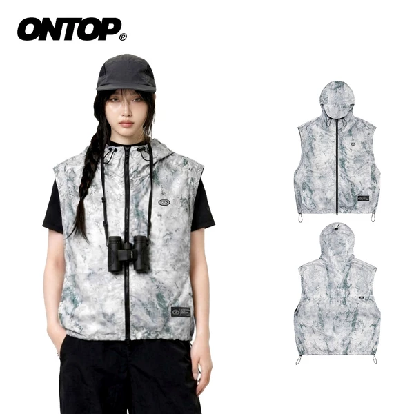 Áo gile nam loang màu vải dù 2 lớp ONTOP túi trong có mũ kèm dây rút Stone Hooded Vest | O-AK15
