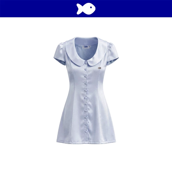 Đầm lụa xanh ngắn tay bồng cổ sen DKMV kèm quần bí bảo hộ cài nút bọc vải tiểu thư bo chun Monaco Dress | K-D68-X