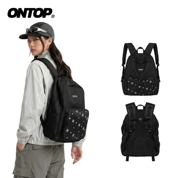 Balo họa tiết canvas local brand ONTOP nhiều ngăn đựng vừa laptop 14.3inches màu đen Level backpack | O-P29