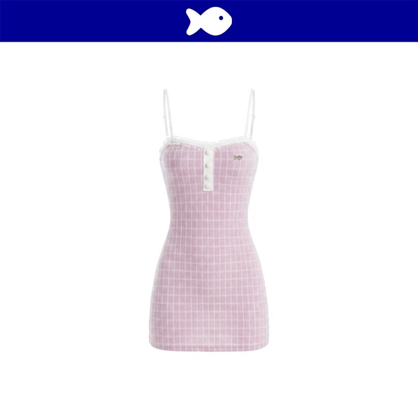 Đầm 2 dây ôm body kiểu nữ DKMV len lông thỏ caro màu tím phối nút bọc vải đính viền ren Amethyst Dress | K-D78-TI