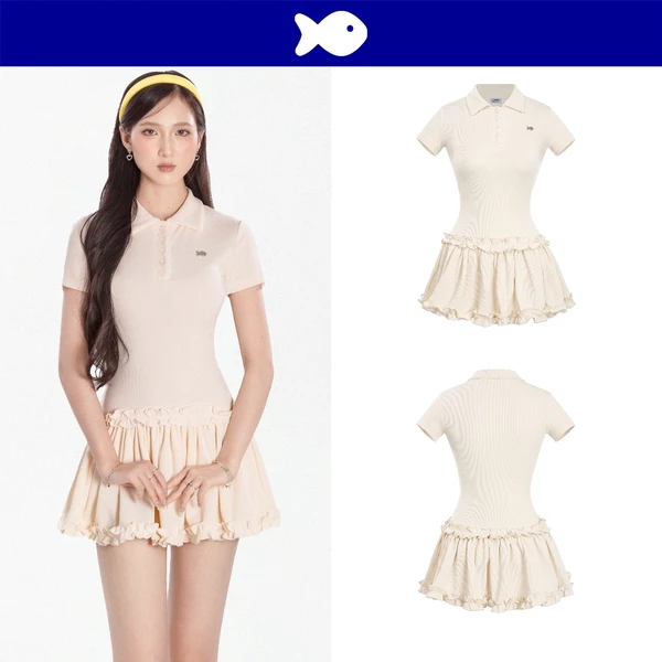 Đầm xòe ngắn cổ polo tay ngắn DKMV thiết kế đính viền bèo điệu đà đính logo cá inox màu kem Bomie Dress | K-D22-K