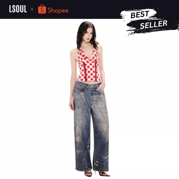 LSOUL Áo Corset Cổ Yếm Caro Đỏ Linen Style Quyền Rũ Uzi Top A25072829