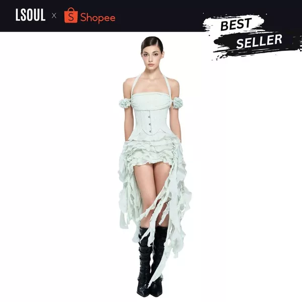 LSOUL Set Lotis Đầm Cúp Ngực Trễ Vai Tùng Bèo Tua Rua Kèm Đai Corset Tôn Eo Xanh Ngọc V24031601 A24032744