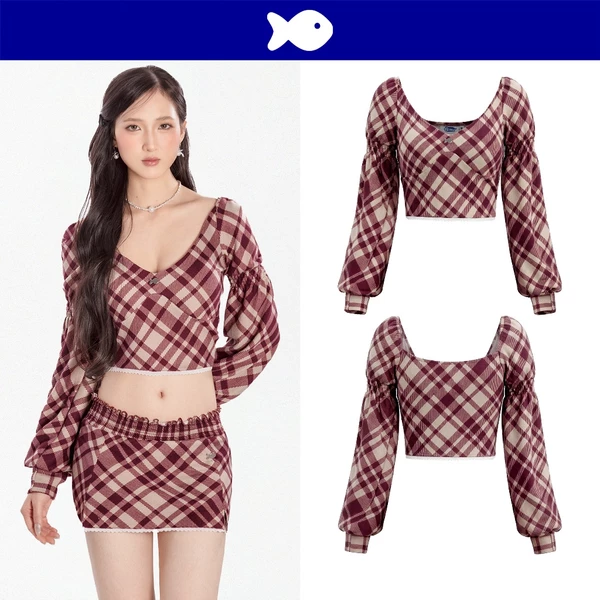 Áo tay bồng dài kiểu nữ ôm dáng DKMV croptop hoạ tiết caro phối viền ren nổi bật màu đỏ Rhodes Set | K-SET30-T
