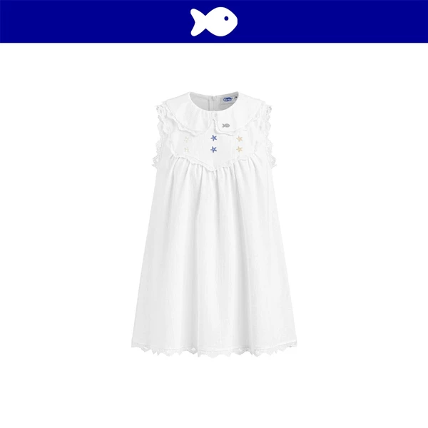 Đầm babydoll trắng cổ sen sát nách DKMV kèm quần bảo hộ phối ren điệu đà logo cá inox Milky Baby Doll Dress | K-D75-T