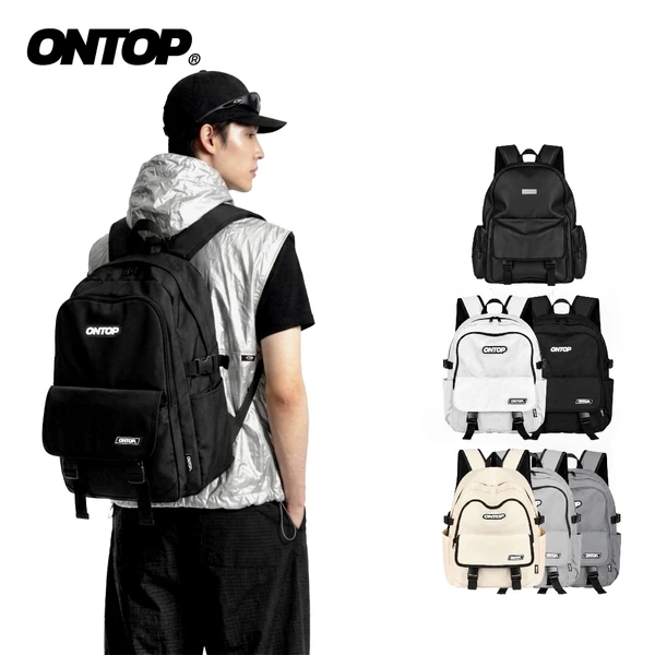 Balo đi học local brand nam nữ ONTOP đen trắng da chống nước, canvas nhiều ngăn đựng vừa laptop 14.3inch | O-P25 & O-P37