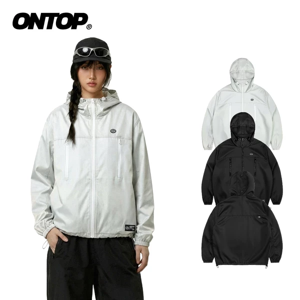 Áo gió 2 lớp có mũ chống nắng nam nữ ONTOP màu đen, xám trắng 2 túi ngực dọc nổi bật Nomad Shell Jacket | O-AK8