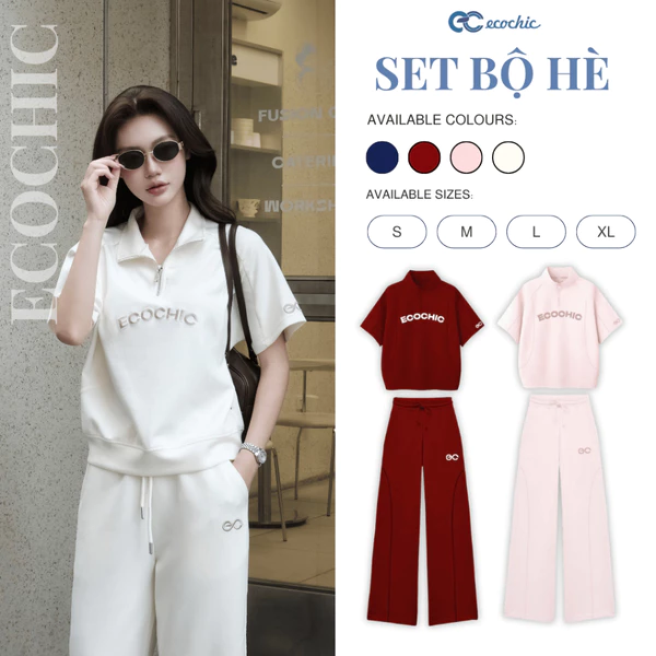 Set Bộ Polo ECOCHIC B142 FRERCE WINK SET Áo Cổ Cao Halfzip Quần Dài Cạp Cao Phối Logo EC Cao Cấp Chính Hãng