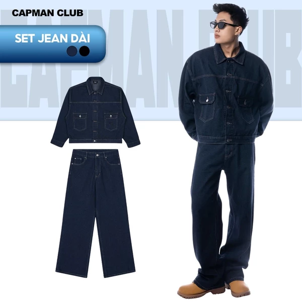 SET BỘ quần Dài và áo khoác jean nam DOL phom boxy rộng CAPMAN CLUB, thích hợp mặc đi chơi đi làm