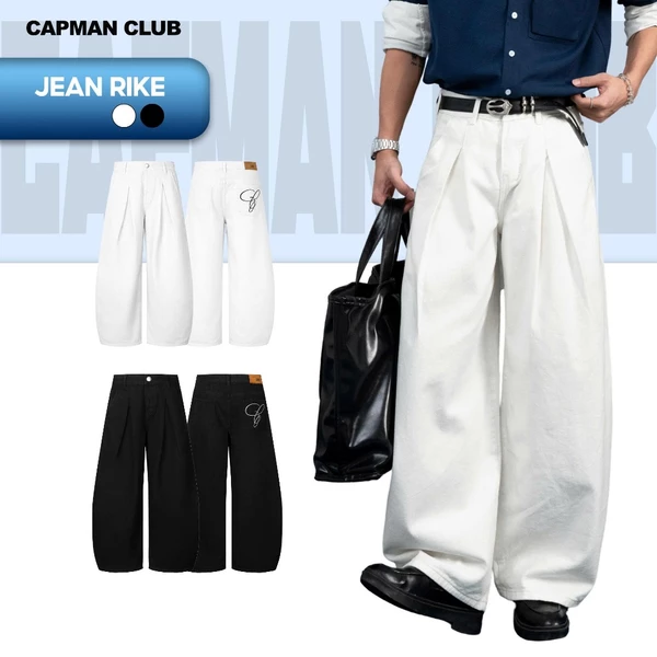 Quần dài nam denim RIKE ống rộng CAPMAN CLUB, quần jean nam tôn dáng thêu chữ phong cách trẻ trung