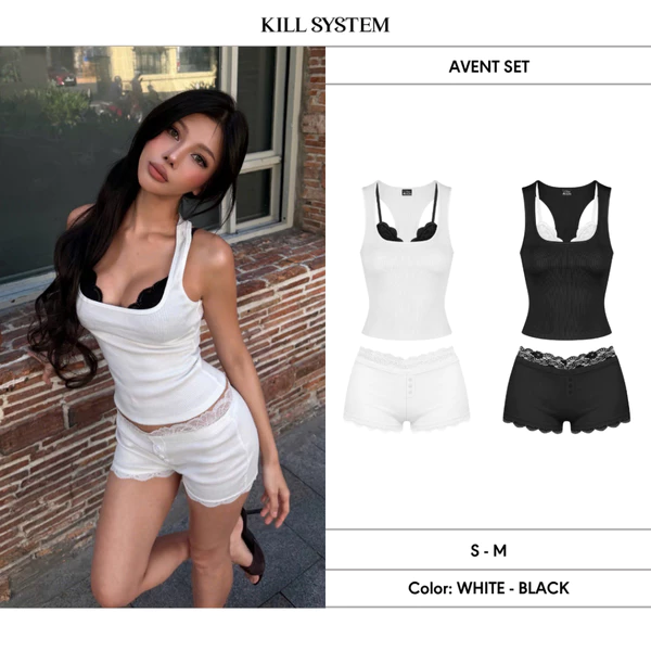 [CÓ TÁCH LẺ] Áo ba lỗ thun gân và bra hai dây ren phối quần short đính đá AVENT - 𝐊𝐈𝐋𝐋 𝐒𝐘𝐒𝐓𝐄𝐌