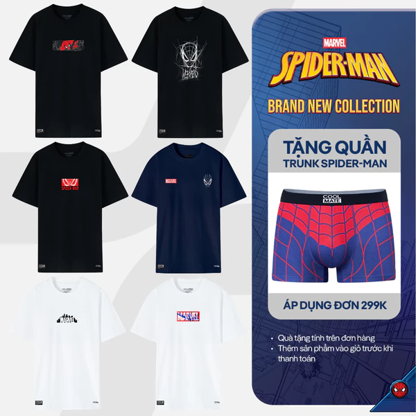 [TẶNG QUẦN SPIDER ĐƠN 299K]Áo thun Cotton Compact unisex Spiderman, áo in người nhện thoải mái, áo Marvel Coolmate