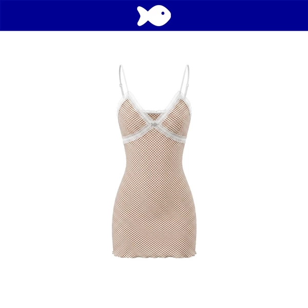 Đầm 2 dây caro dáng ngắn kiểu nữ DKMV ngực phối viền ren trắng đính logo cá inox màu be ôm Vienna Dress | K-D71-B