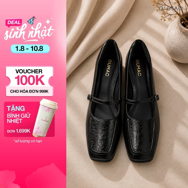 Giày Cao Gót Nữ GUMAC Mũi Vuông Đế Vuông 5cm Bít Mũi Quai Hậu Đính Khóa Kim Loại Sang Trọng GG07010