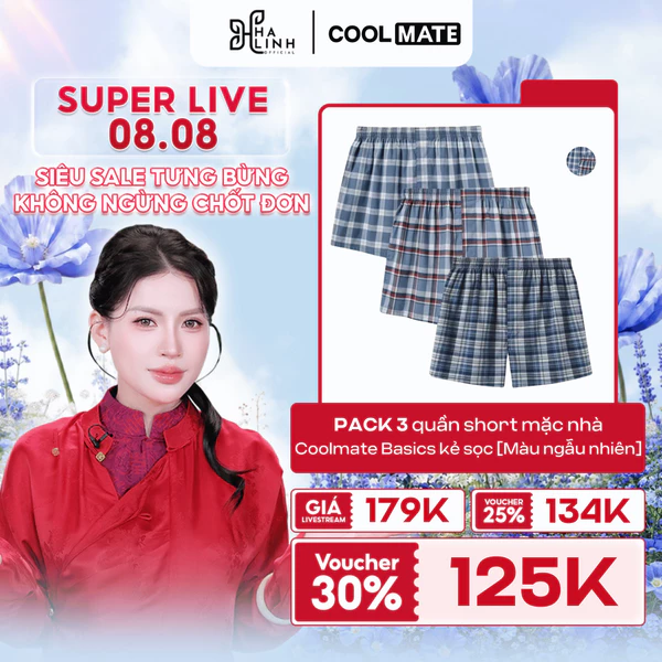 [VÕ HÀ LINH X COOLMATE]Combo Pack 3 quần mặc nhà Boxer short Coolmate basics kẻ sọc [MÀU NGẪU NHIÊN]