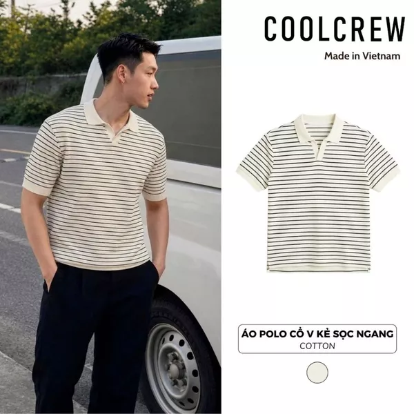 Áo Polo Cổ V Kẻ Sọc Ngang 𝐂𝐎𝐎𝐋𝐂𝐑𝐄𝐖 Hoạ Tiết Xương Cá Form Rộng Unisex Phong Cách Mùa Hè Năng Động Thoáng Mát APN178