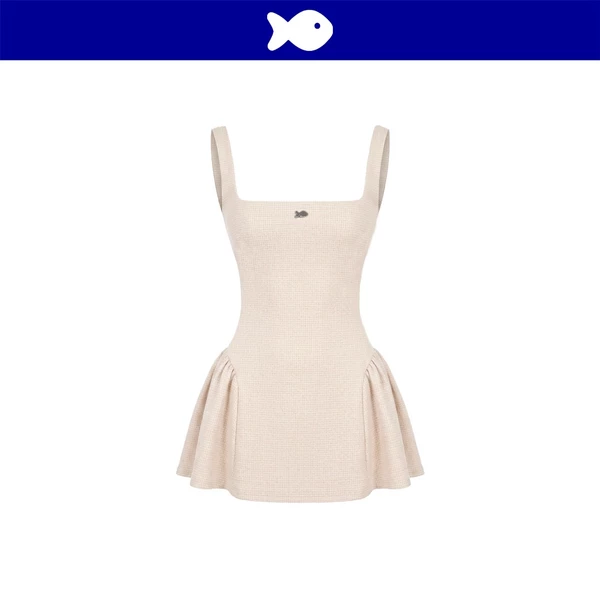 Đầm cổ vuông kiểu nữ 2 dây bản to DKMV chất liệu tweed form xoè đính logo cá inox màu be Caroline Dress | K-D42-TB