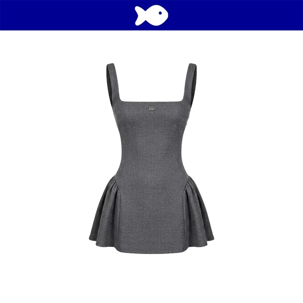Đầm 2 dây kiểu nữ cổ vuông DKMV phối logo cá inox chất tweed điệu đà dáng xoè màu xám Caroline Dress | K-D42-TX