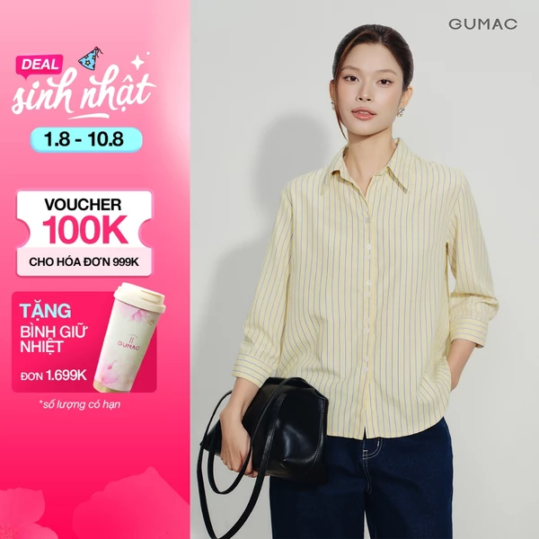 Áo Sơ Mi Nữ GUMAC Form Suông Tay Lửng Đính Nút Đôi Điểm Nhấn Sang Trọng Thoải Mái Dễ Phối Đồ AG08002