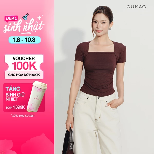 Áo Thun Nữ GUMAC Form Ôm Cổ Vuông Tay Ngắn Nhún Eo Cong Nữ Tính Hiện Đại Thanh Lịch Công Sở ATG08041