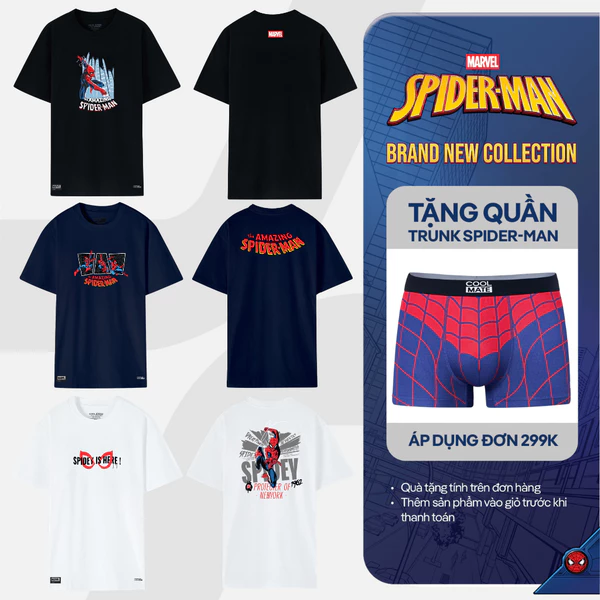 [TẶNG QUẦN SPIDER ĐƠN 299K][MỚI]Áo thun Cotton Compact unisex Spiderman, áo in người nhện thoải mái, áo Marvel Coolmate