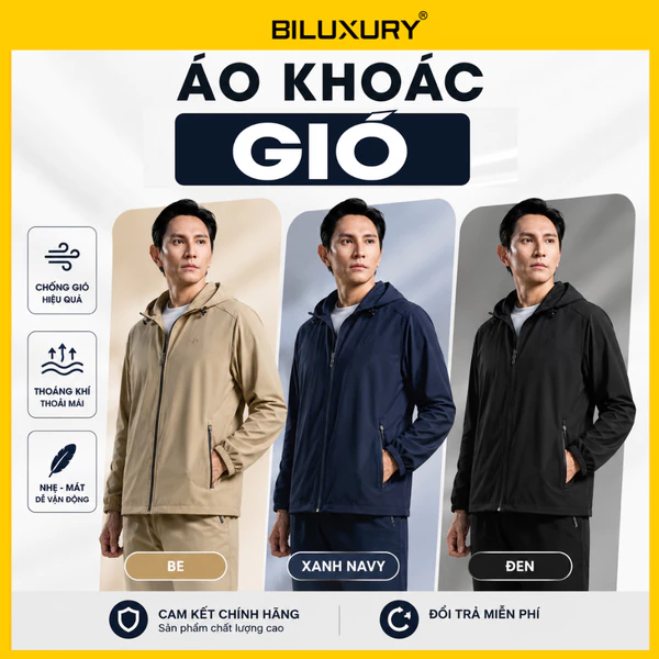 Áo Khoác Gió Thiết Kế 2 Lớp 9AG2T001 Biluxury BodyFit  Kháng Nước (Mũ Có Thể Tháo Rời)