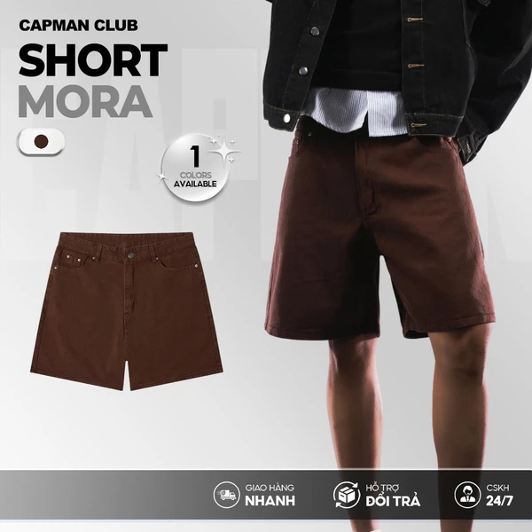 Quần short nam jean MORA màu nâu socola CAPMAN CLUB, phom rộng trên gối trẻ trung, thoải mái