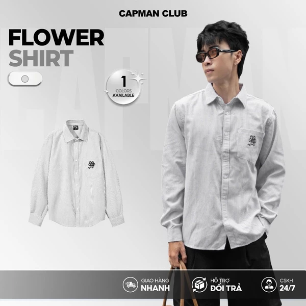 Áo sơ mi nam tay dài FLOWER sọc Oxford phom rộng CAPMAN CLUB, sơ mi unisex thêu hoa trẻ trung