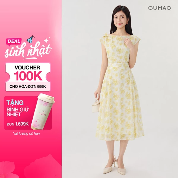 Đầm Hoa Nữ GUMAC Cổ Thuyền Tay Liền Đính Cánh Bướm Hai Lớp Tùng Xòe Xếp Ly Nữ Tính Sang Trọng DG10031