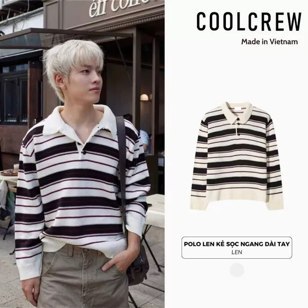 Áo Polo Len Kẻ Sọc Ngang Dài Tay 𝐂𝐎𝐎𝐋𝐂𝐑𝐄𝐖 Form rộng Unisex Vintage Phong Cách Hàn Quốc ALD147