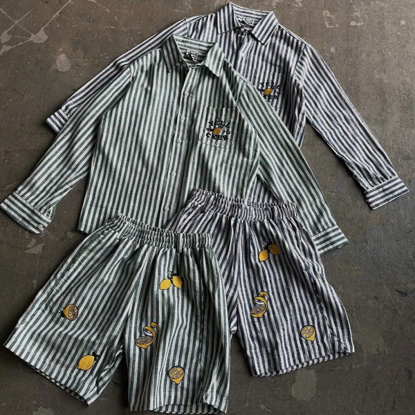 Bộ sơ mi tay dài và quần short YELLOW FLICKER lemon linen sọc xanh unisex