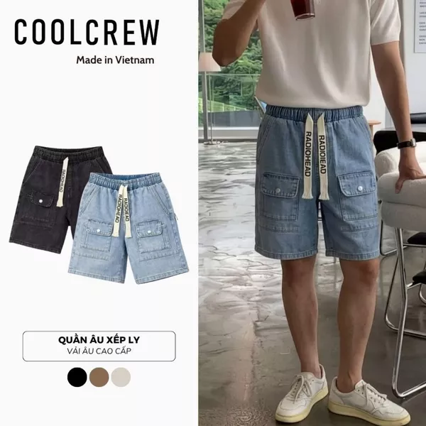 Quần Short Jean Cạp Chun 𝐂𝐎𝐎𝐋𝐂𝐑𝐄𝐖 Form Rộng Dây Rút Bản To Streetwear Phong Cách Hàn Quốc