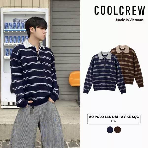 Áo Polo Len Dệt Kim Dài Tay Kẻ Sọc 𝐂𝐎𝐎𝐋𝐂𝐑𝐄𝐖 Form Rộng Phong Cách Hàn Quốc Unisex ALD149