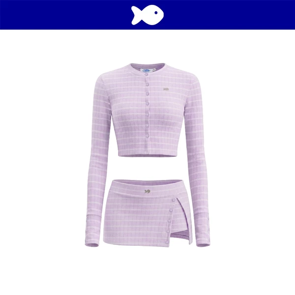 Set áo croptop và chân váy ngắn DKMV tay dài chất len lông thỏ kẻ caro ôm dáng logo cá màu tím Gudrun Set | K-SET31-TI