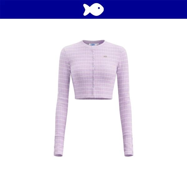 Áo tay dài kiểu nữ dáng croptop DKMV gài nút dọc thân chất len lông thỏ caro màu tím logo cá Gudrun Set | K-SET31-T-TI